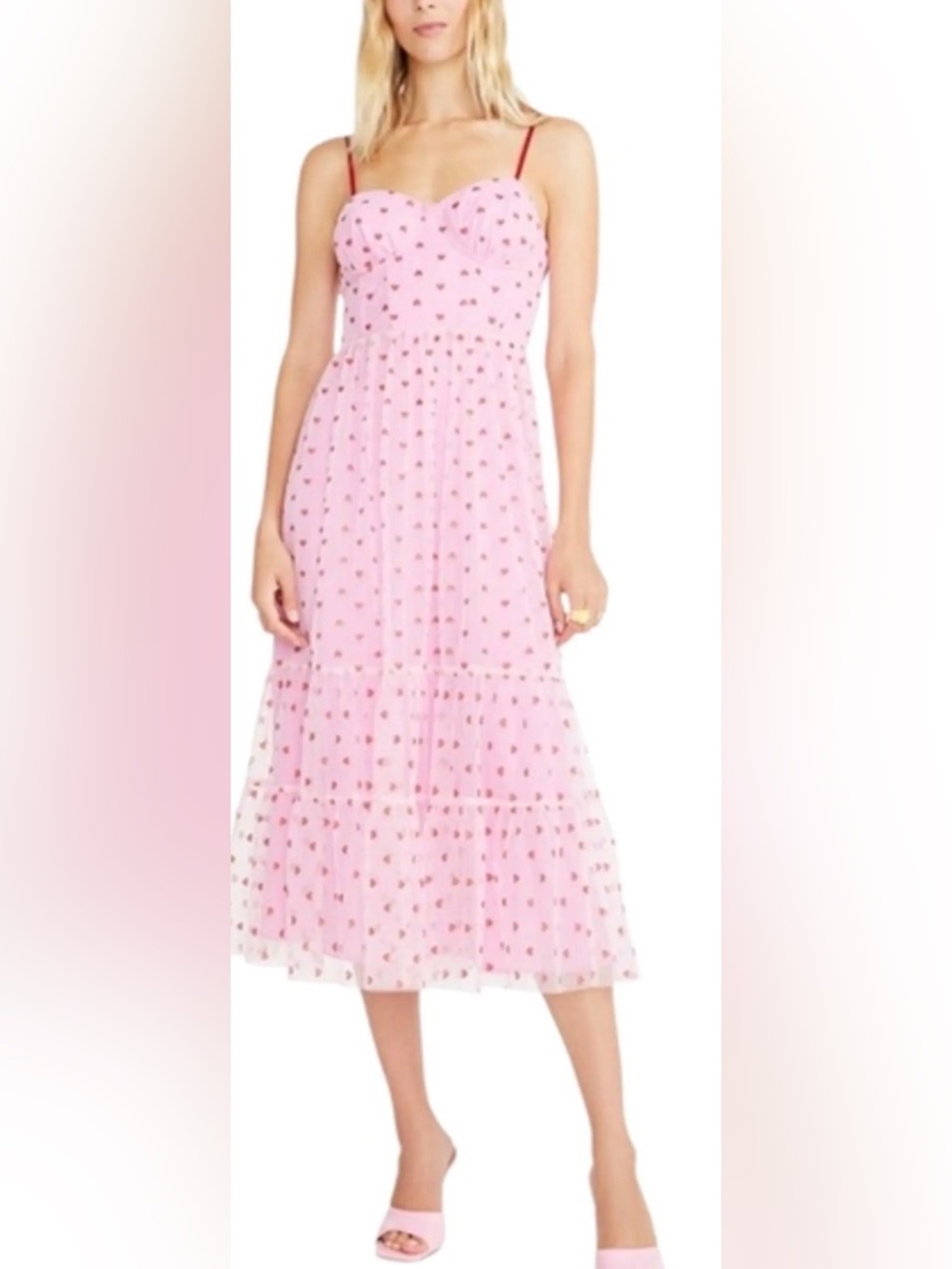 EUC SZ 6 Adorable Betsey Johnson Pink Heart Tiered  Tulle Midi Dress